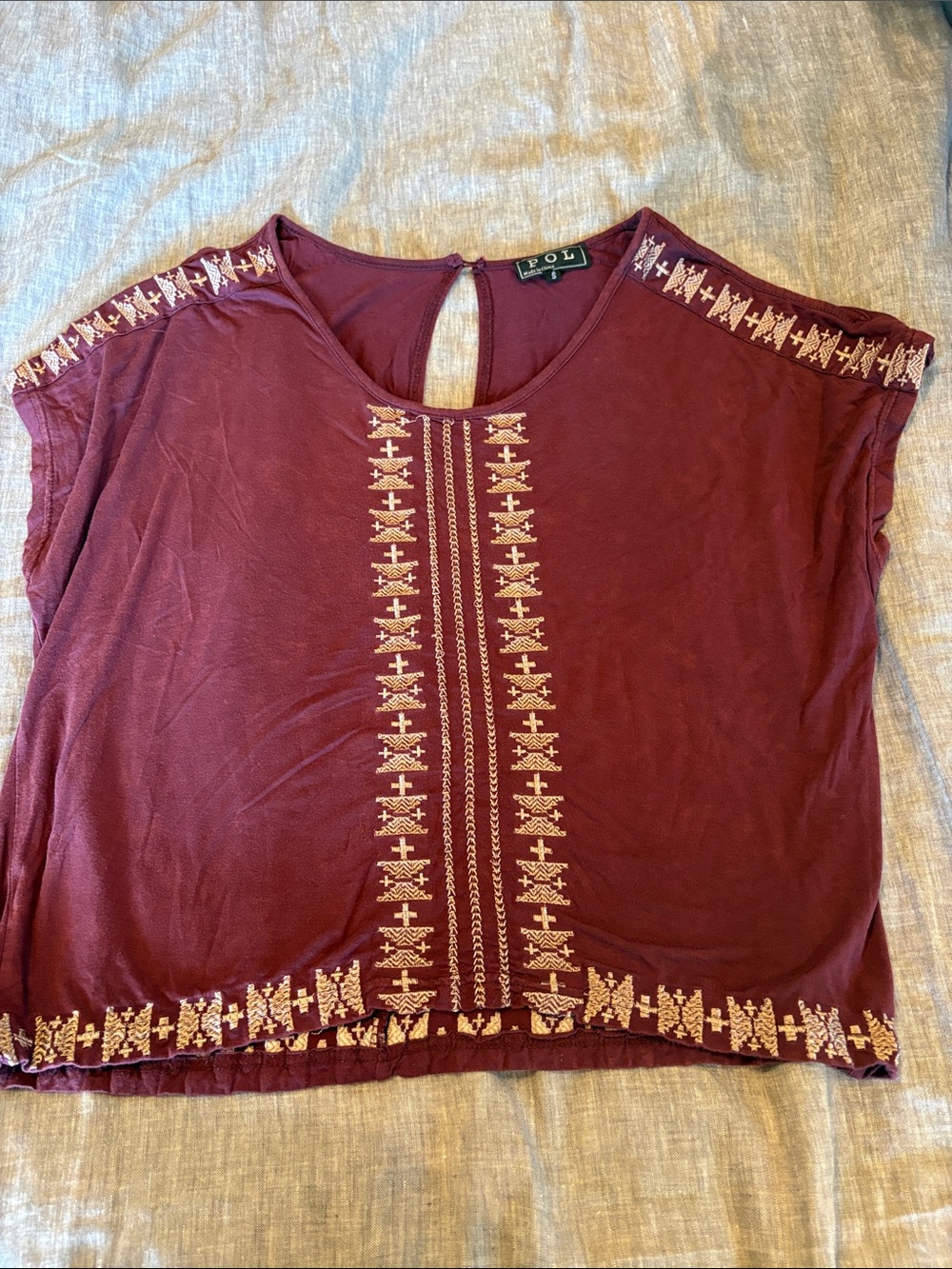 POL Burgundy Short Sleeve Top with Cream Embroidery